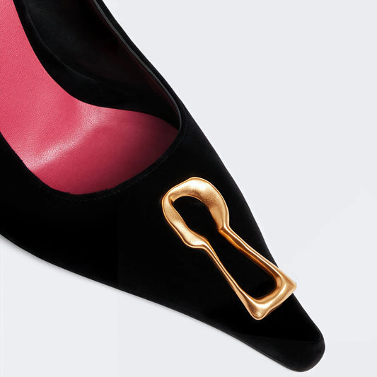 Black Pointed Toe Metal Buckle Slip On  Pumps