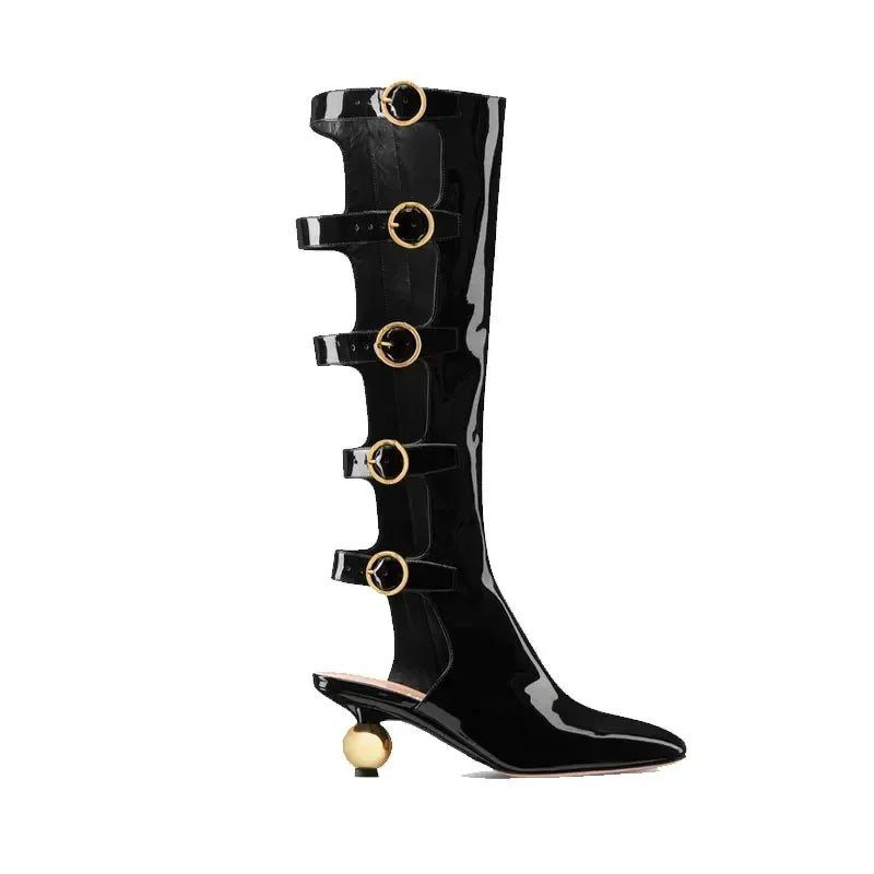 Low Heel Lacquered Leather Boots with Empty Rear Metal Buckle