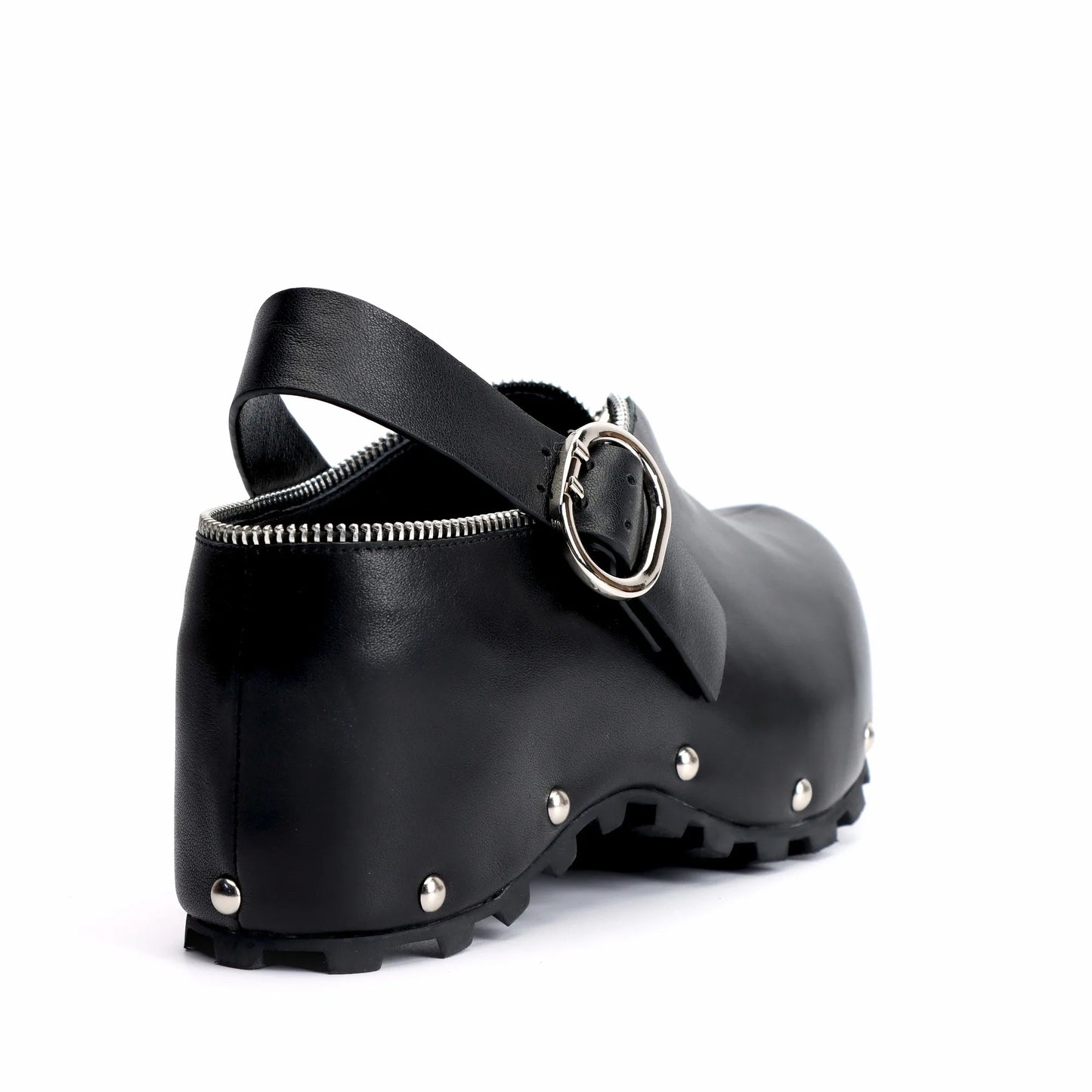 Black Studded Leather Platform Clogs with Arch Support, Zipper Detail