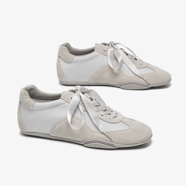 Cow Suede Leather Patchwork Ribbon Lace-up Ballet Sneakers
