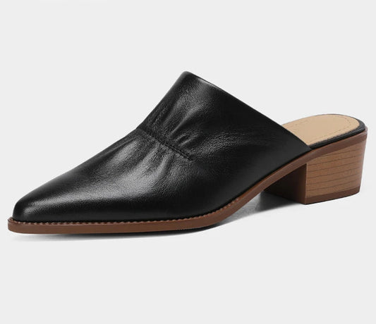Real Leather Chunky Heel Mule Slides