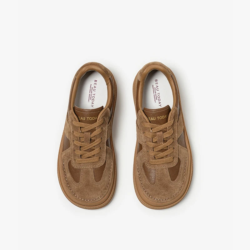 Cow Suede Split Leather Microfiber Patchwork Lace-up Sneakers