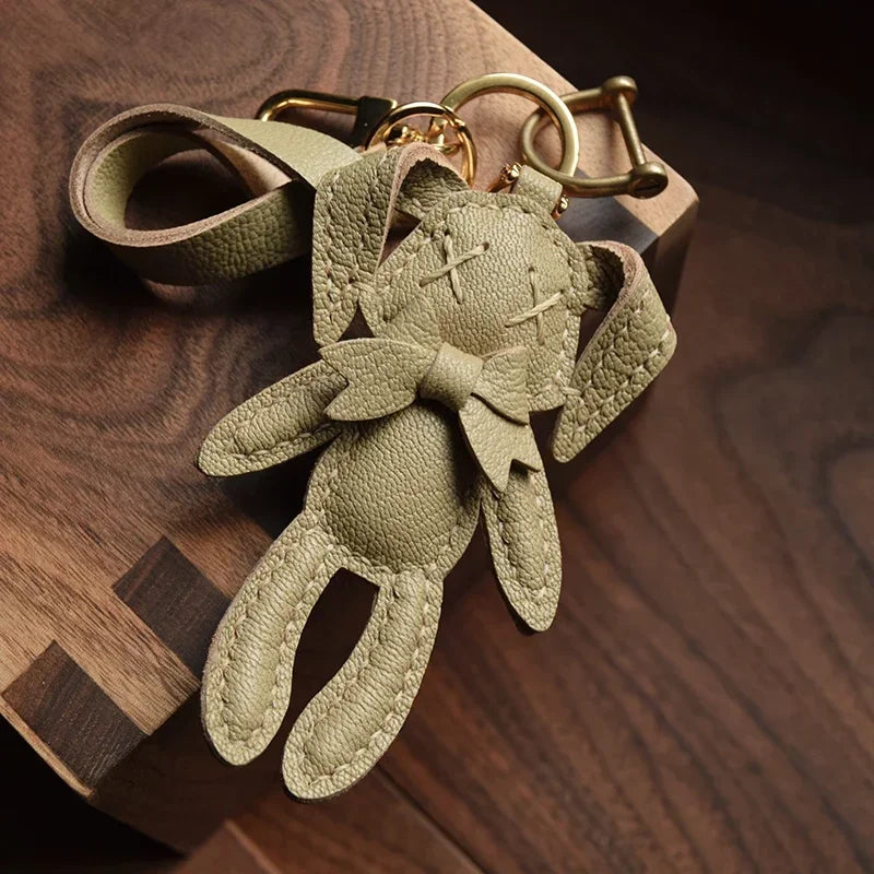 Handmade Leather Cute Rabbit Bag Charm Keychain Key Ring for gift