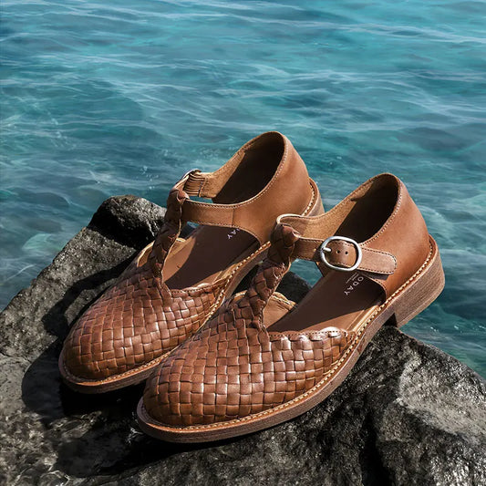 Cow Leather Weave Buckle Strap Solid Color Retro Mary Janes