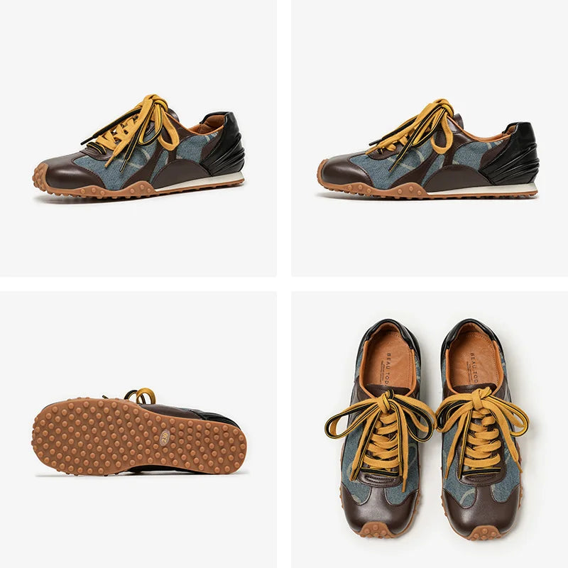 Cow Leather & Denim Mixed Color Patchwork Lace-Up Round Toe Retro Sneakers