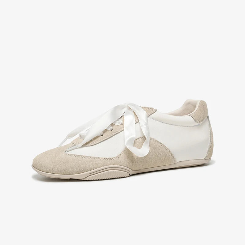 Cow Suede Leather Patchwork Ribbon Lace-up Ballet Sneakers