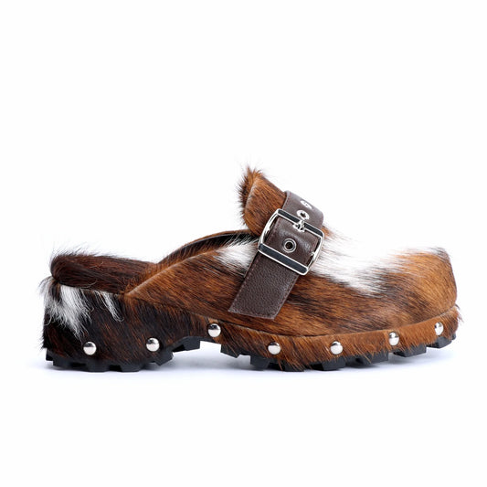 Handmade Platform Studded Clog Slippers with Natural Cow Fur, Brown & White Color