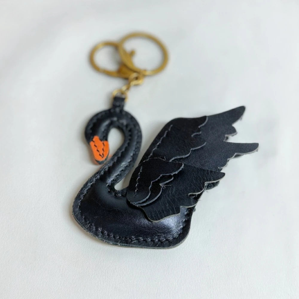 Leather Handmade Black And White Swan Bag Pendant