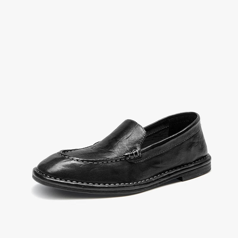 Horse Leather Round Toe Retro Slip-on  Loafers