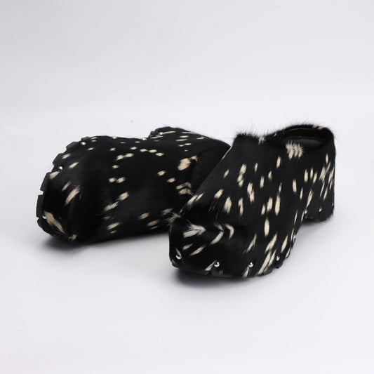 Calf Hair Leather Platform Lined Slip On Clog  Mules