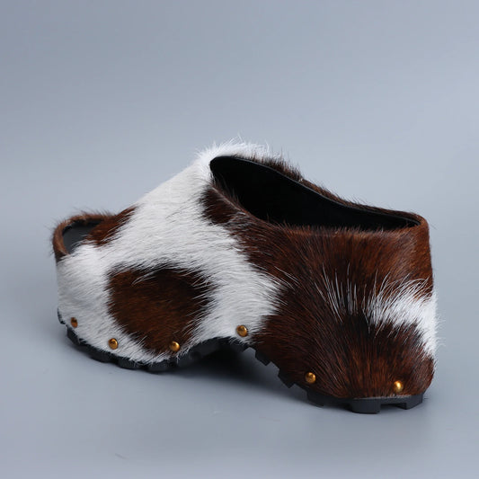 Real Calf Hair Leather Lined Slip On Platform Mules Clogs