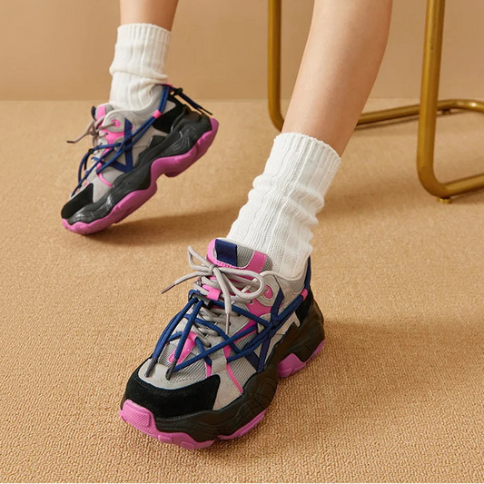 Mesh Leather Patchwork Double Lace-Up Platform Chunky Sneakers