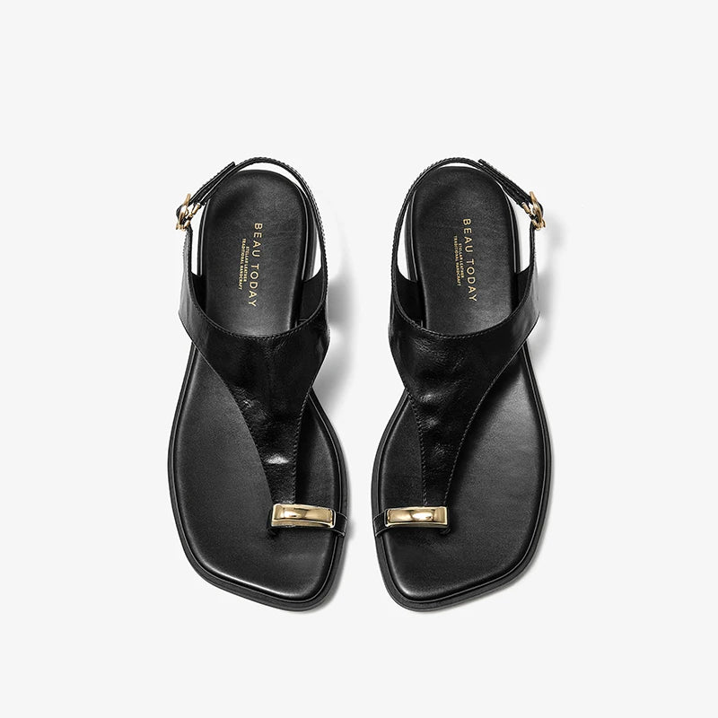 Calfskin Leather T-Strap Square Toe Gladiator Sandals