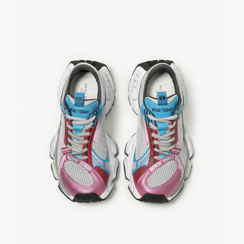 Split Leather Mesh Round Toe Lace-up Thick Sole Chunky Sneakers