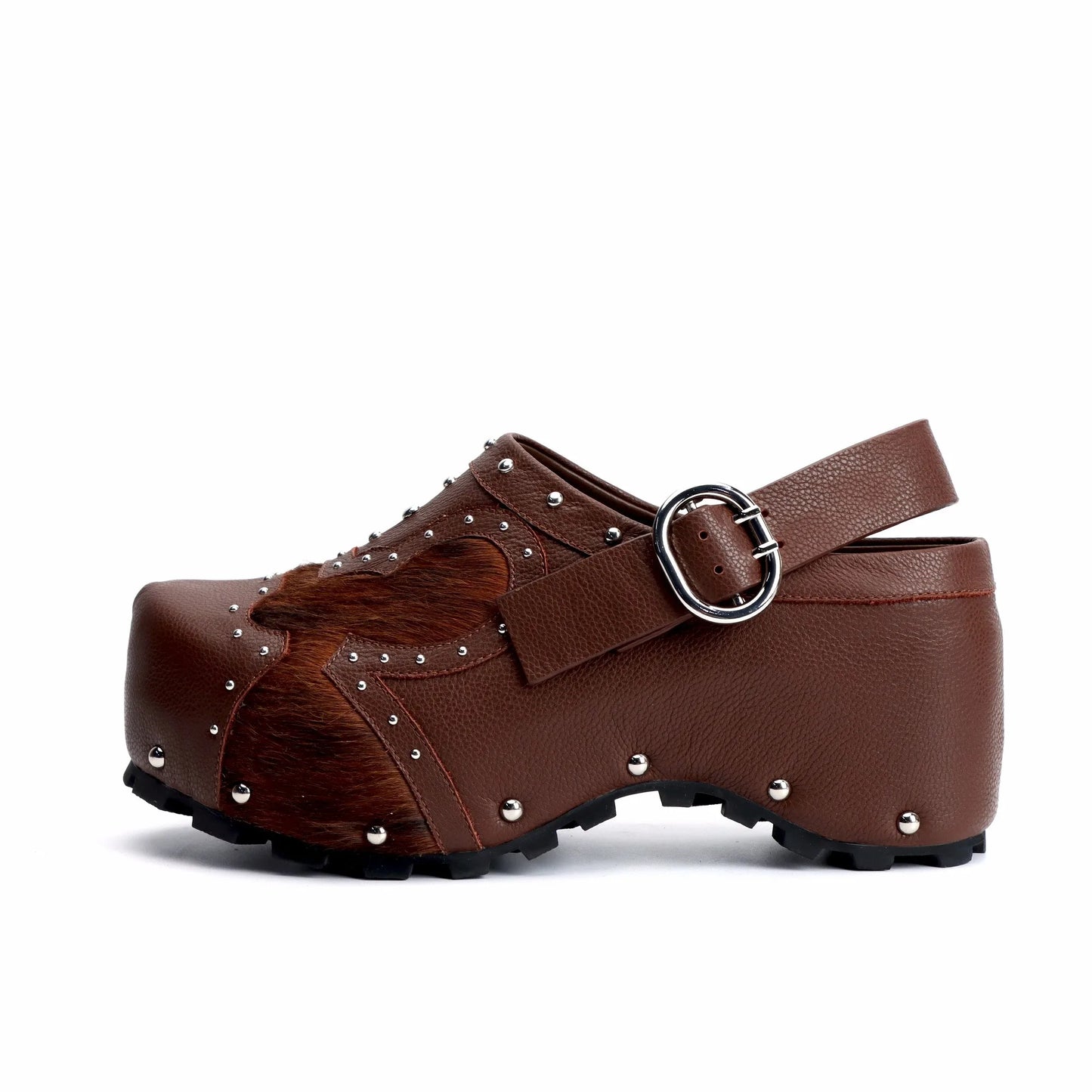 Studded Cowhide Platform Clogs