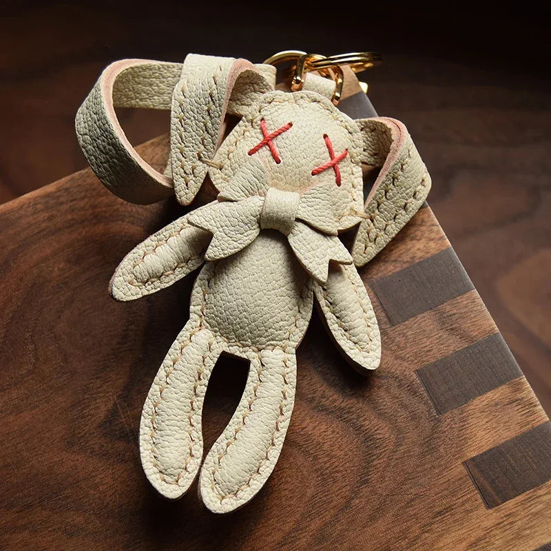 Handmade Leather Cute Rabbit Bag Charm Keychain Key Ring for gift