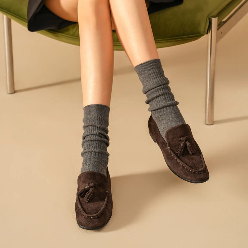 Kid Suede Leather Tassel Round Toe Slip On Casual Loafers