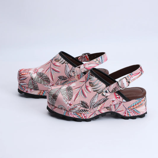 Lambskin Rubber Sole Slingback Flower-Print Mules