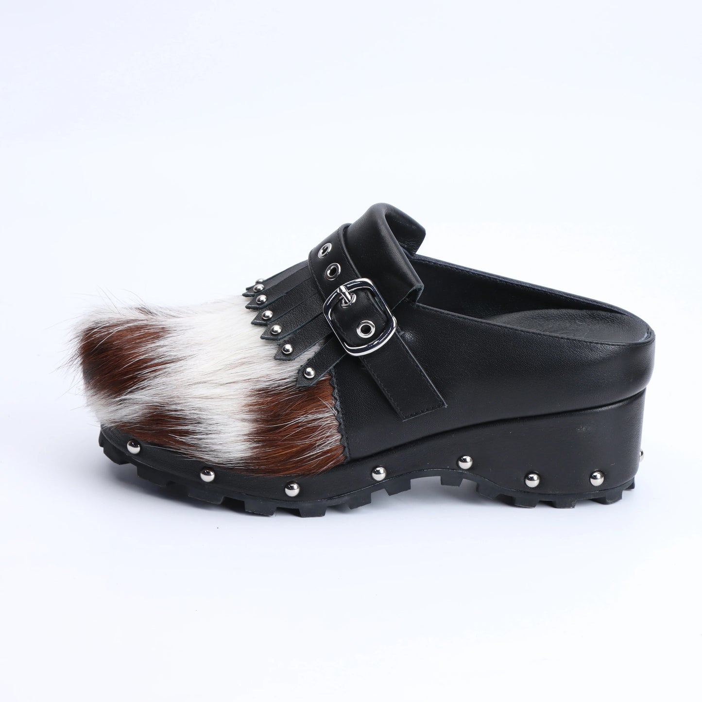 Handmade Cowhide Fur, Rubber Sole, Latex Insole, Tassel Detail Mule Sandals