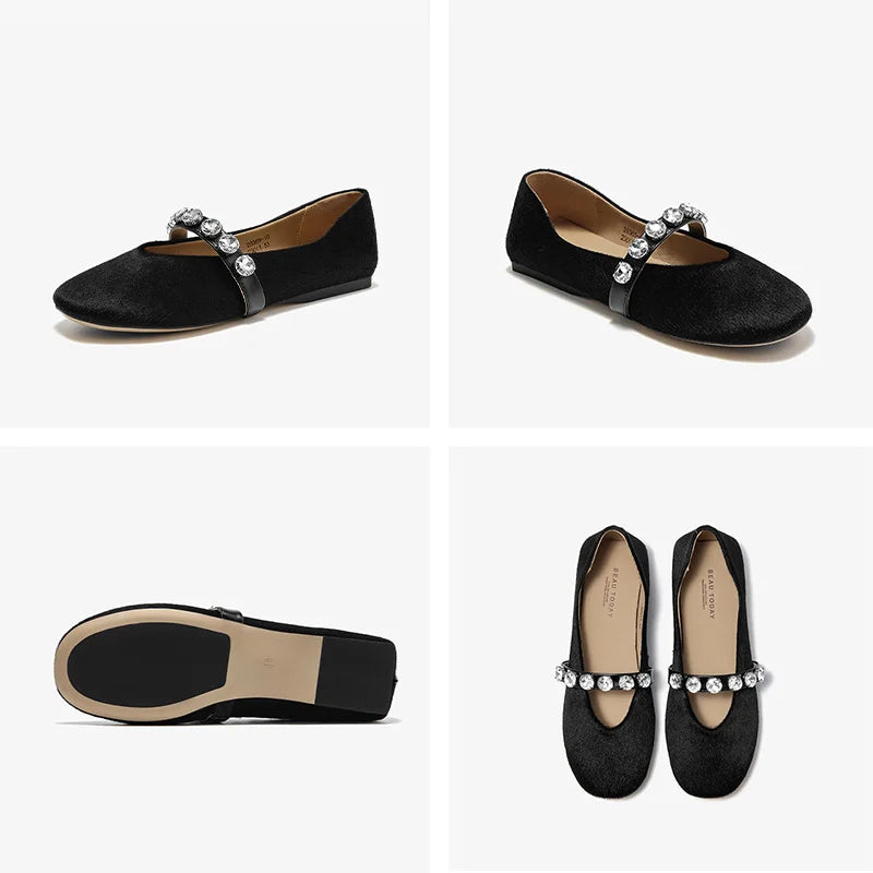 BEAUTODAY Mary Janes Shoes leopard Women Soft Horsehair Crystal Decoration Round Toe Ballet Flats Ladies Slip-on Handmade 28365