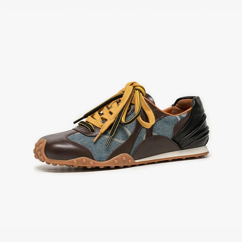 Cow Leather & Denim Mixed Color Patchwork Lace-Up Round Toe Retro Sneakers