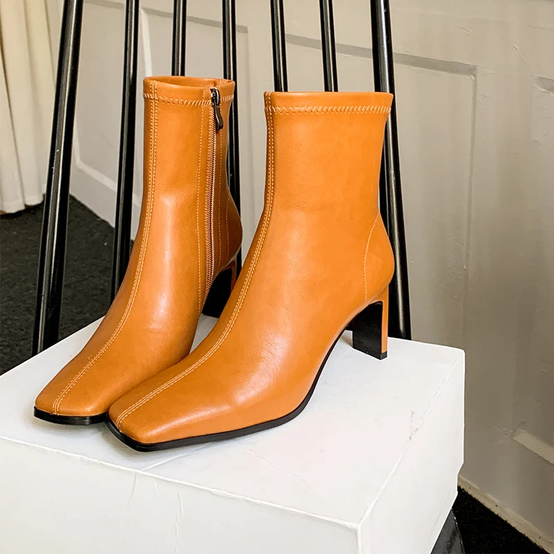 JOZHAMTA Size 34-40 Real Leather Ankle Boots For Women Stone Block High Heels Shoes Winter 2025  Fashion Office Lady Dress