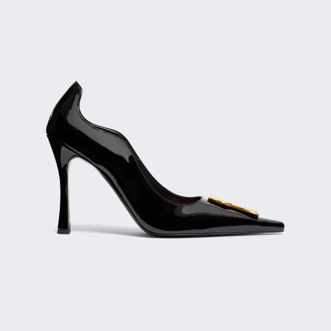 Black Pointed Toe Metal Buckle Slip On  Pumps