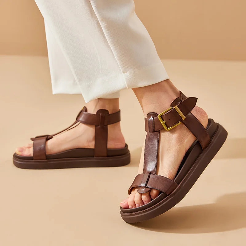 Cow Leather T-Strap Platform Gladiator Sandal