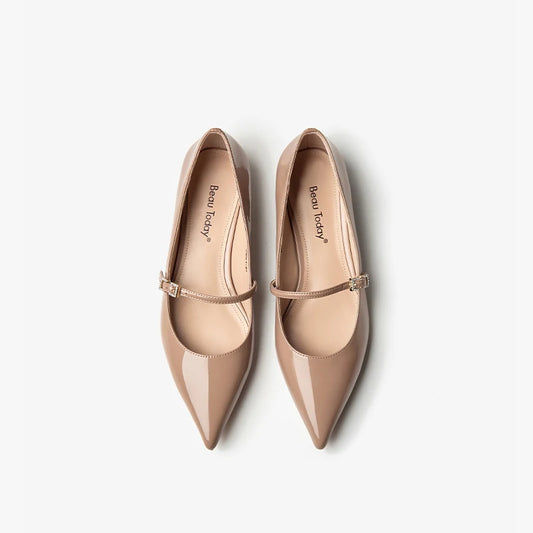 Patent Leather Pointed Toes Buckle Straps Solid Mary Jane Flats