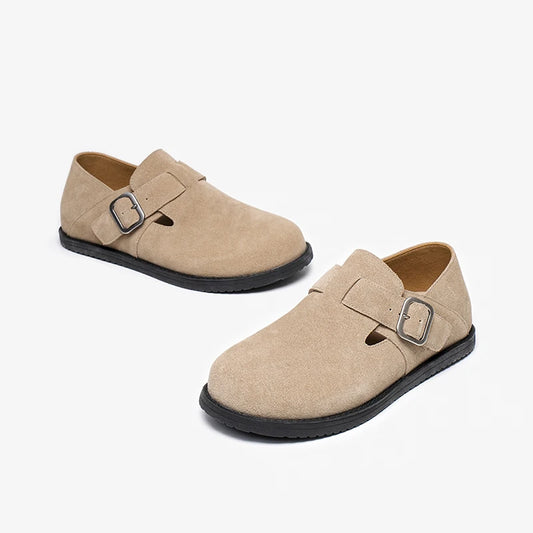 Cow Suede Leather Buckle Strap Round Toe Casual Flats
