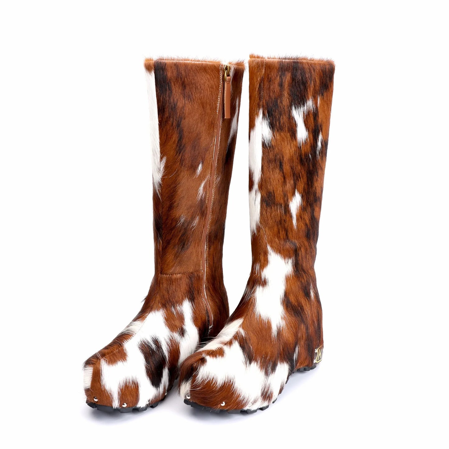 Handmade Real Calf Hair Platform Knee-High Studded Boots | Genuine Wool Lining