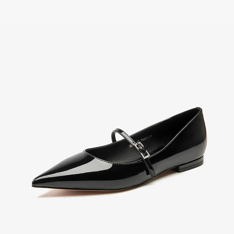 Patent Leather Pointed Toes Buckle Straps Solid Mary Jane Flats