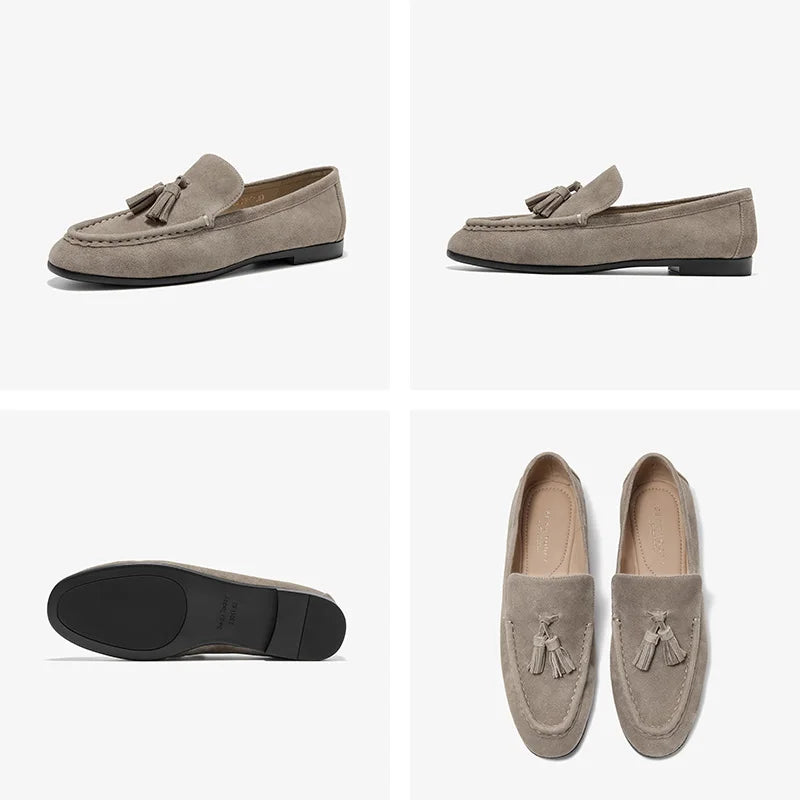 Kid Suede Leather Tassel Round Toe Slip On Casual Loafers
