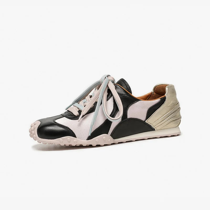 Cow Leather & Denim Mixed Color Patchwork Lace-Up Round Toe Retro Sneakers