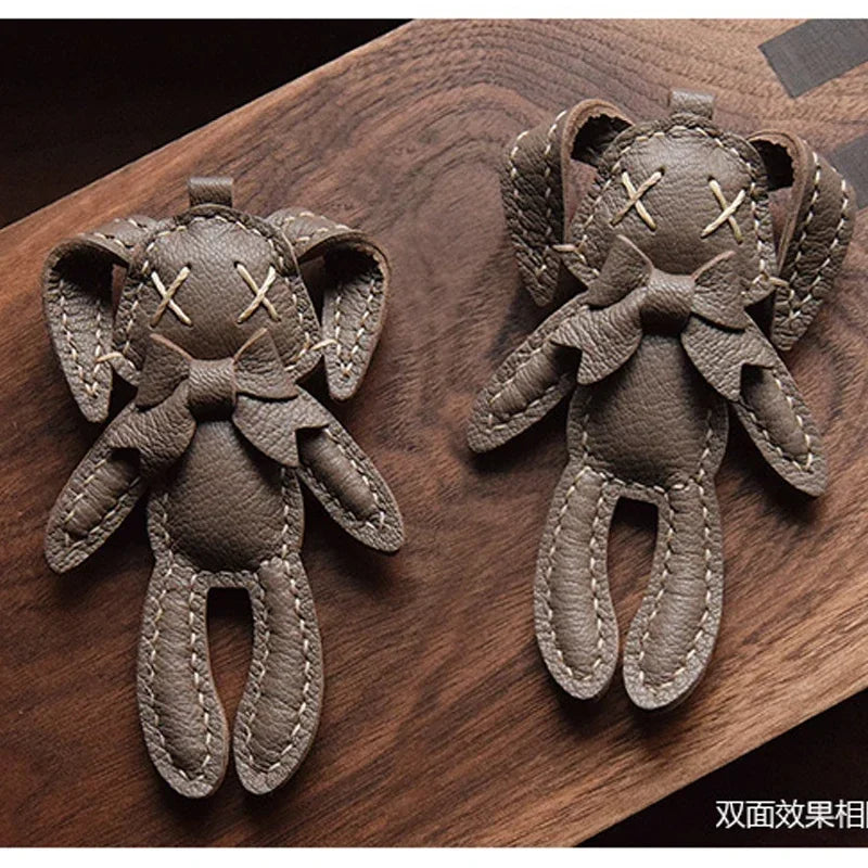 Handmade Leather Cute Rabbit Bag Charm Keychain Key Ring for gift