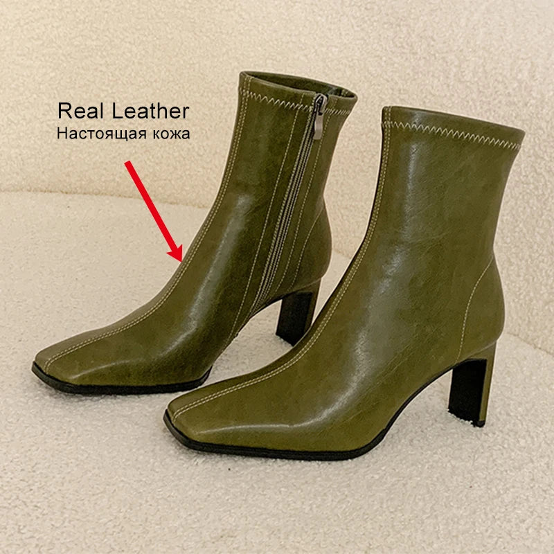 JOZHAMTA Size 34-40 Real Leather Ankle Boots For Women Stone Block High Heels Shoes Winter 2025  Fashion Office Lady Dress