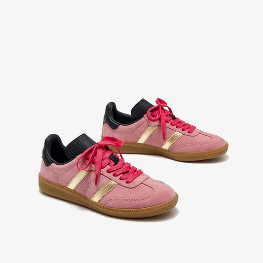 Cow Suede Patchwork Leather Lace Up Pink Sneakers