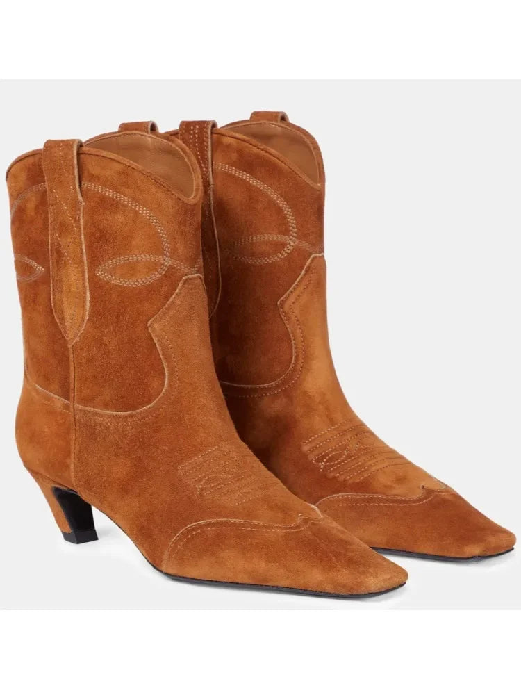 Low Heel Embroidered Multi Functional Women's Square Head Boots