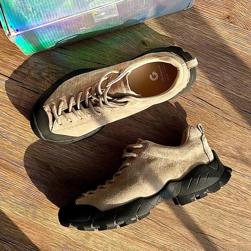 Cow Suede Leather Round Toe Lace up Platform Hiking Shoes