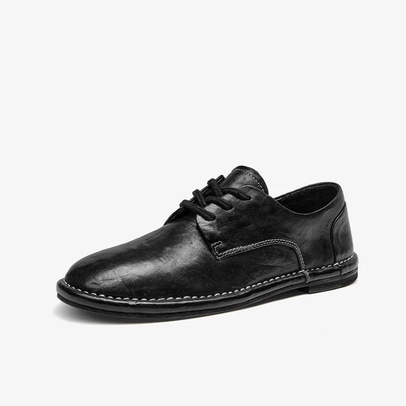 Genuine Horse Leather Solid Color Round Toe Lace-up Classic Oxfords