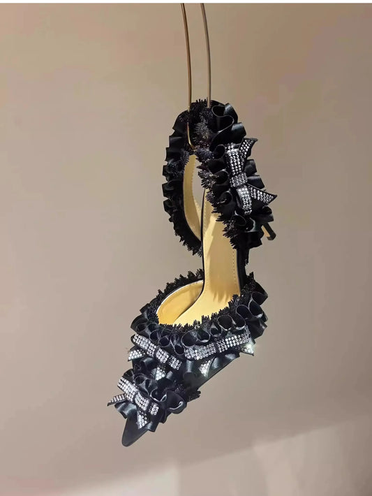 Pointed  Diamond Bow Decoration Lace High Heel