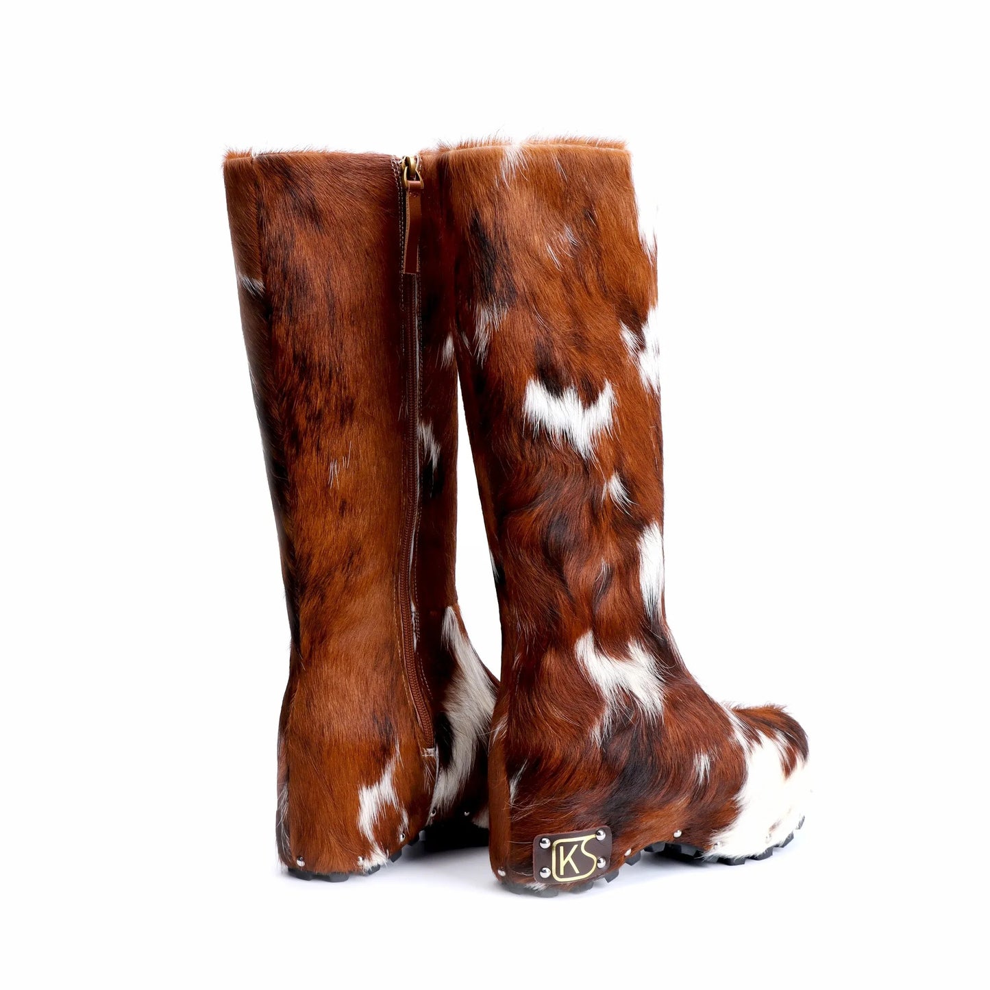 Handmade Real Calf Hair Platform Knee-High Studded Boots | Genuine Wool Lining