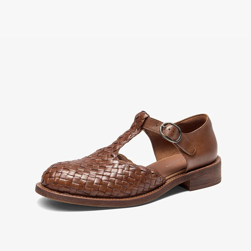 Cow Leather Weave Buckle Strap Solid Color Retro Mary Janes