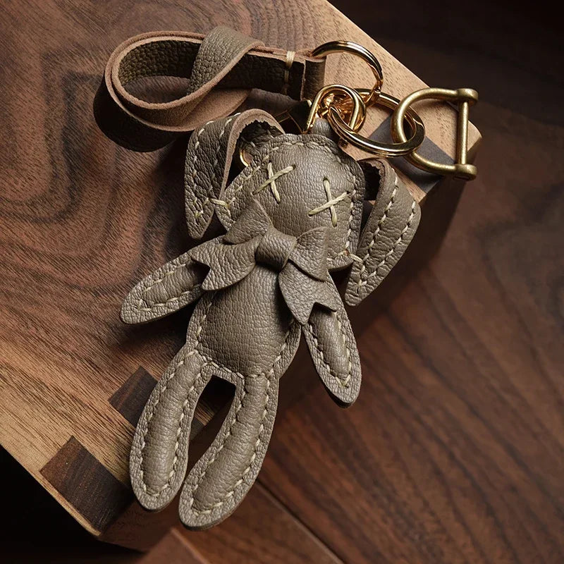 Handmade Leather Cute Rabbit Bag Charm Keychain Key Ring for gift
