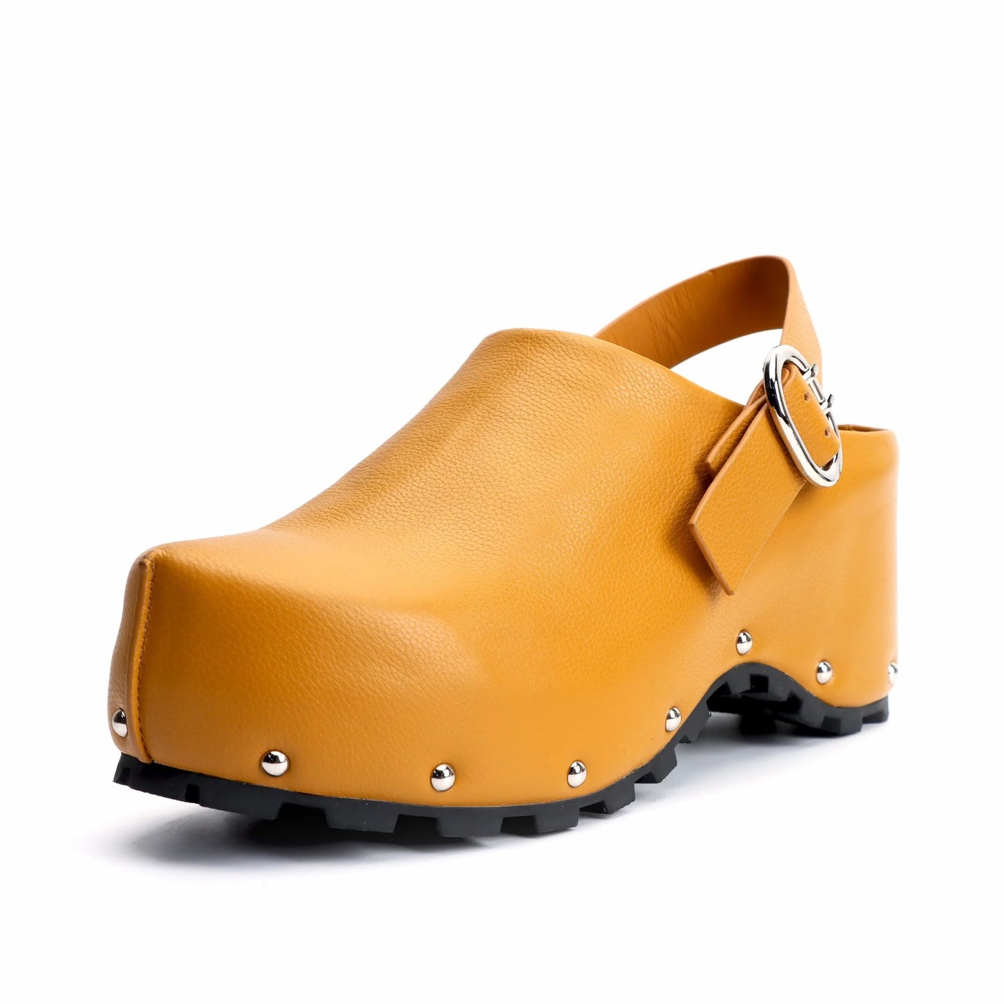 Yellow Studded Slingback Leather Platform Clogs with Arch Support