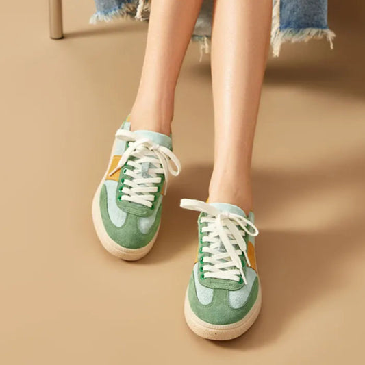Cow Suede Leather Round Toe Lace-Up Patchwork Sneakers