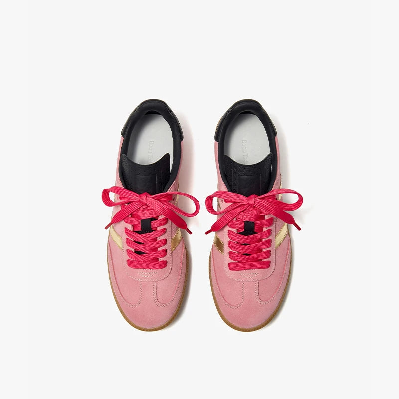 Cow Suede Patchwork Leather Lace Up Pink Sneakers