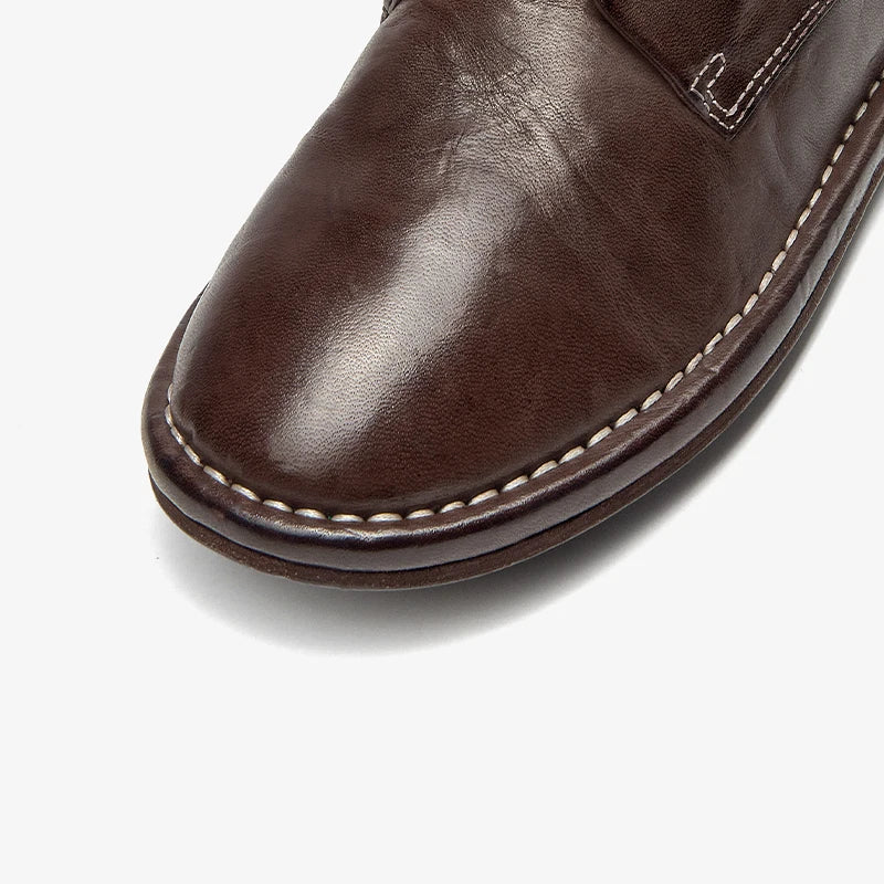 Genuine Horse Leather Solid Color Round Toe Lace-up Classic Oxfords