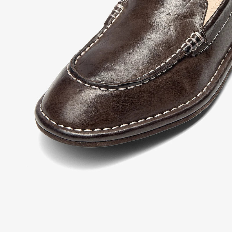 Horse Leather Round Toe Retro Slip-on  Loafers