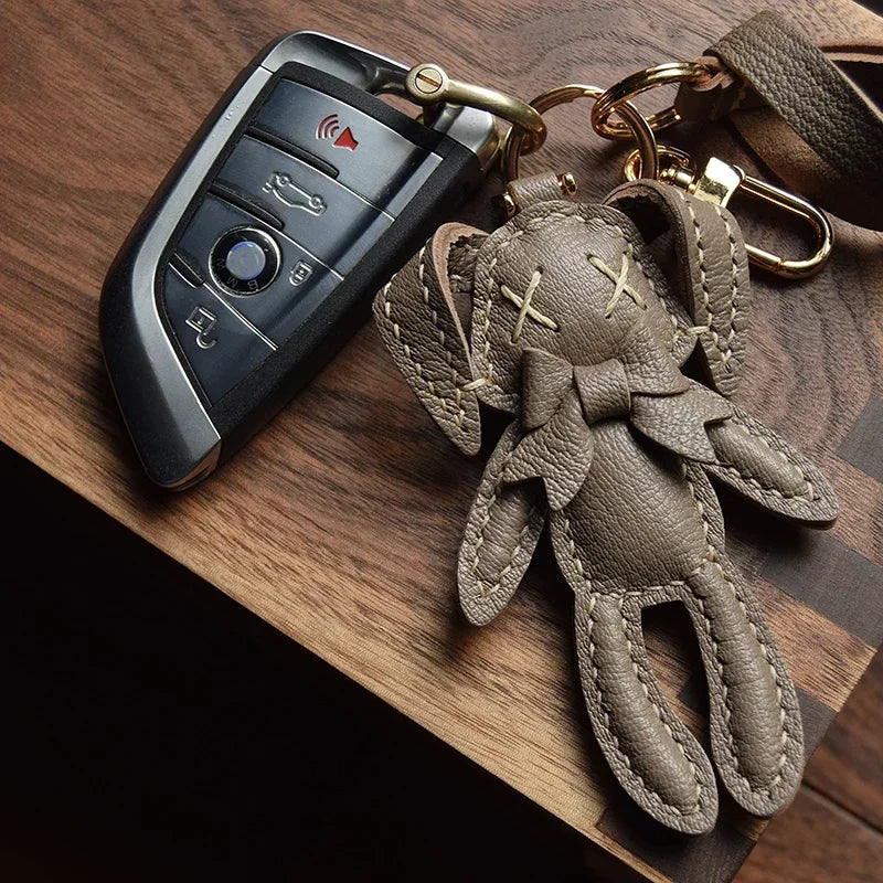 Handmade Leather Cute Rabbit Bag Charm Keychain Key Ring for gift